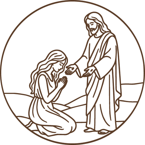 Woman kneeling before the resurrected Jesus Christ