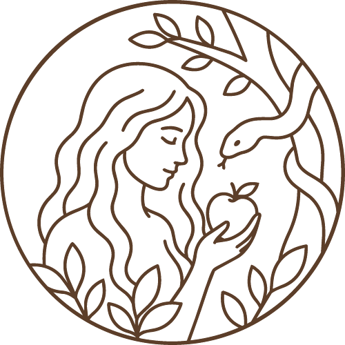 Eve in the garden of Eden. She is holding an apple and a snake looks on from a nearby tree.